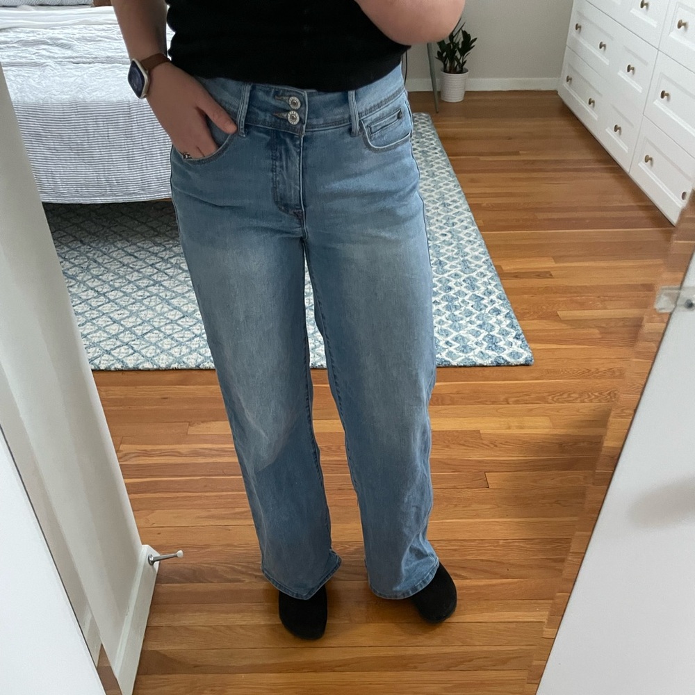 Blue Flare Wide Leg Jeans with Distressed Details